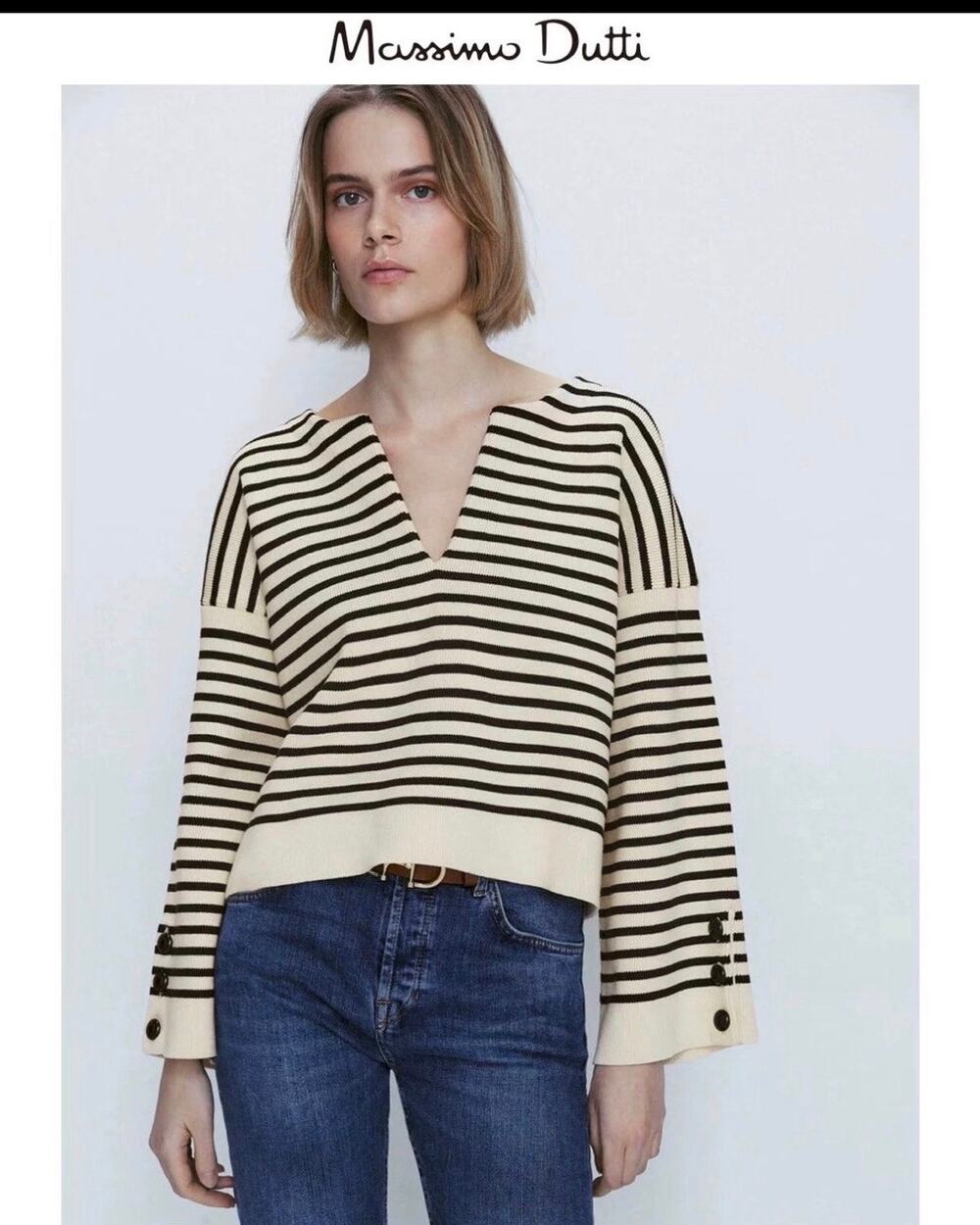 Massimo Dutti Women's Striped Sweater With Button wide sleeves cropped Sz S NWT